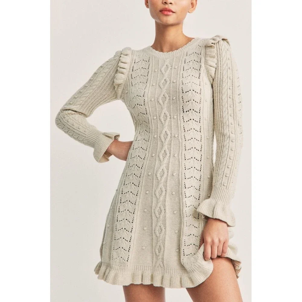LoveShackFancy Zeke Womens Oatmeal Cable Knit Ruffle Mini Sweater Dress XS Cream - Picture 10 of 12